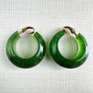Vintage Trifari Green Lucite Hoop Clip-On Earrings Chunky Retro Style